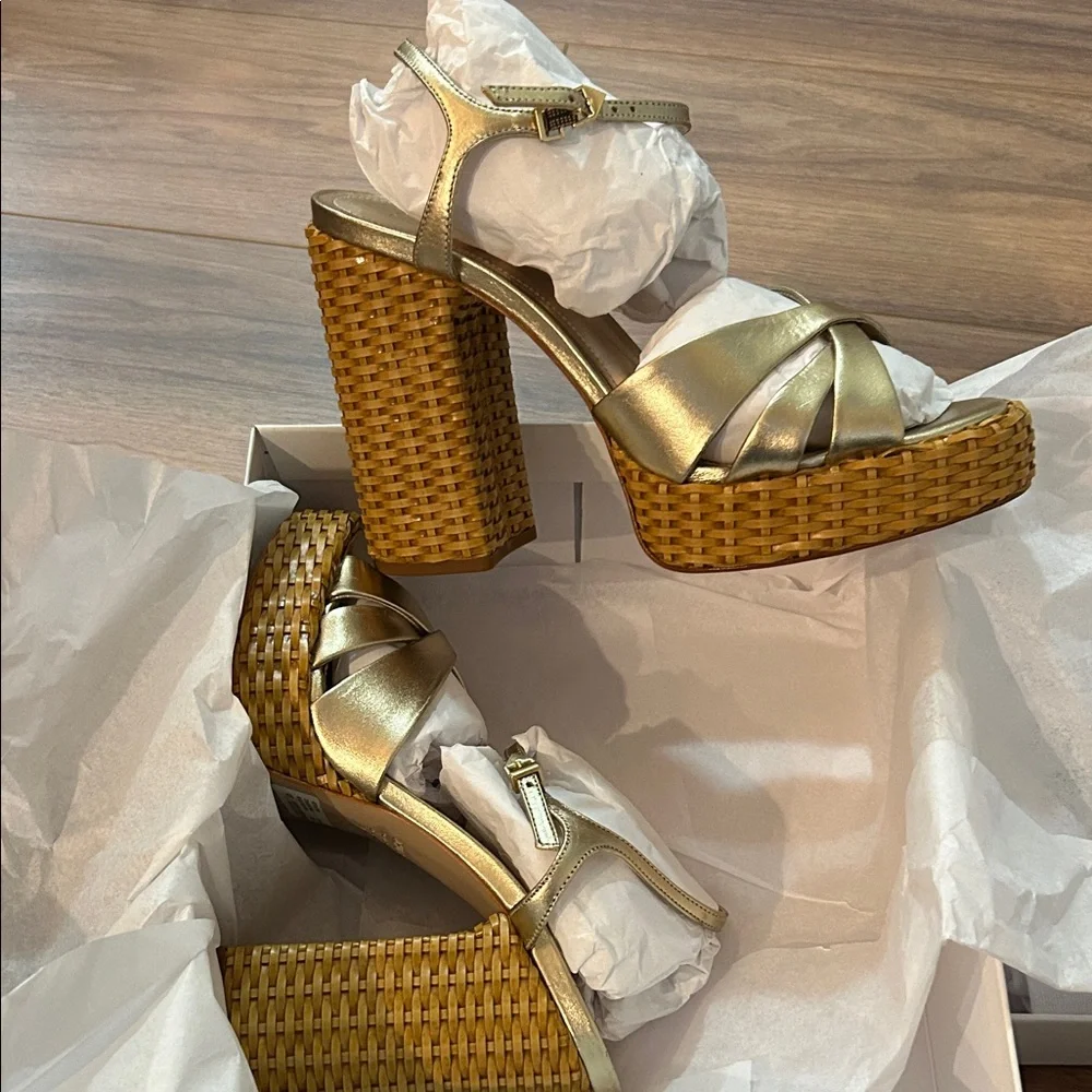 SCHUTZ Metallic Gold Keefa Straw Platform Sandals size 10 - Picture 1 of 4